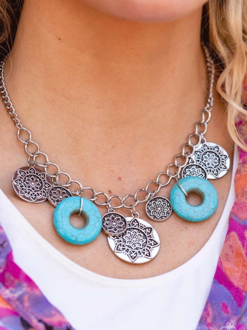 paparazzi Silver-Tone Turquoise Donut Medallion Necklace - Blue